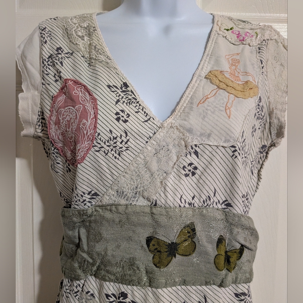 Free People Cream & Green Mixed-Print Ballerina Patchwork Blouse - Picture 2 of 12